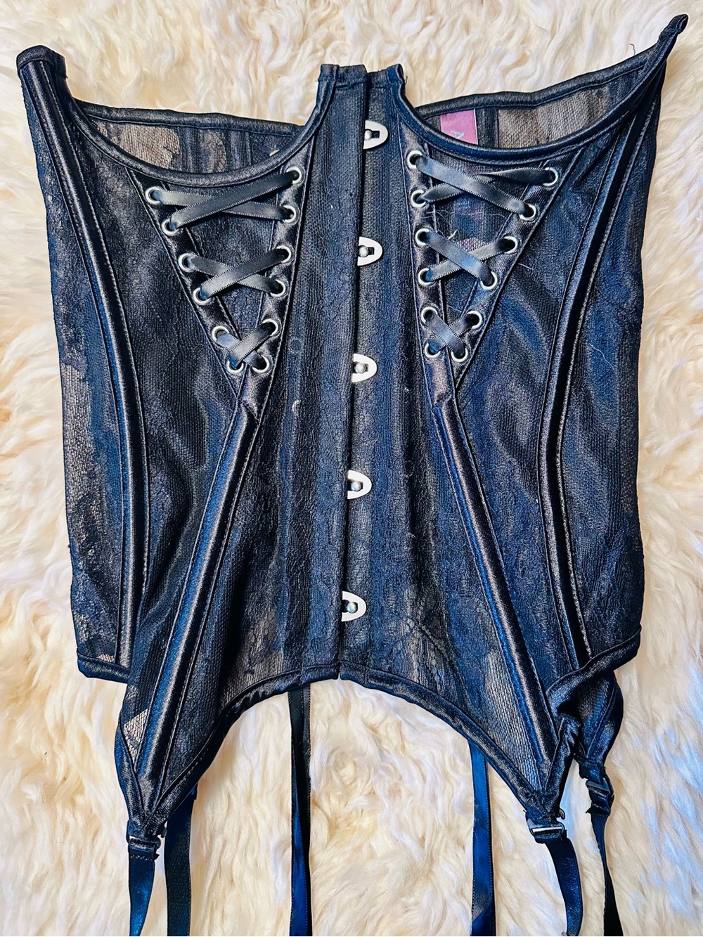 Adore Me Black Floral Lace Boned Corset Garter Belt Satin Lace Up XS